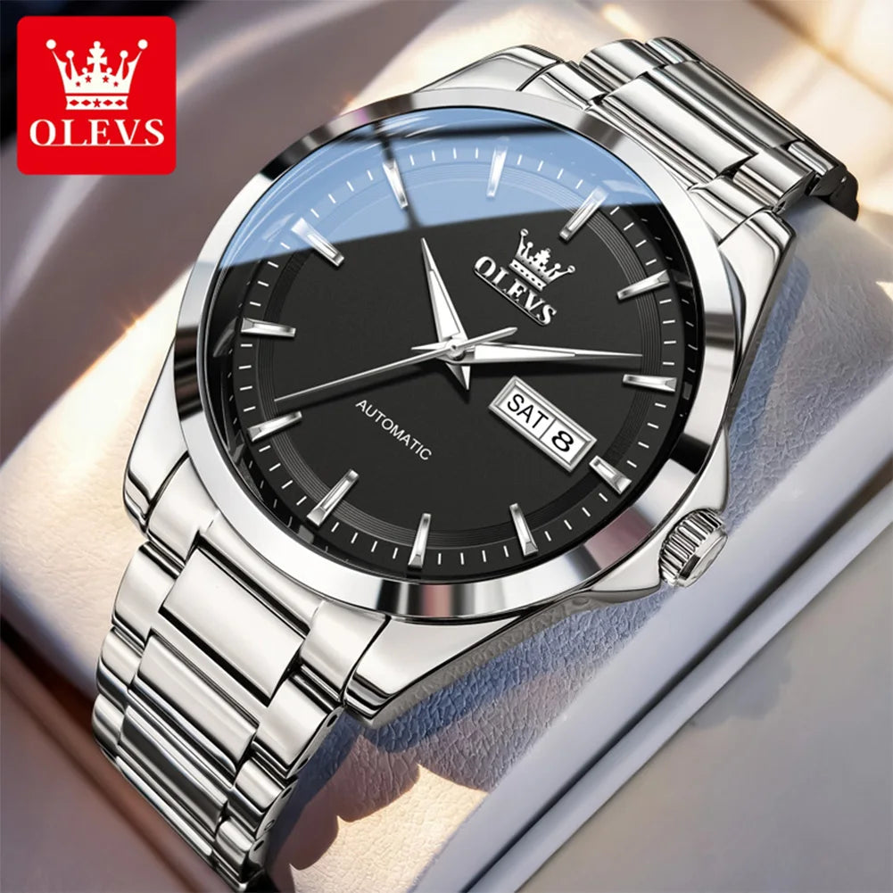 Reloj para hombre OLEVS 7090, reloj de pulsera mecánico automático con doble calendario, de acero inoxidable y resistente al agua, de gran venta
