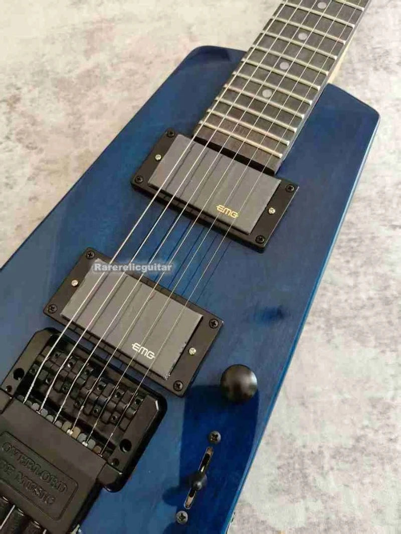 NUEVA Guitarra Eléctrica Sin Cabeza Spiri Trans Blue, Puente Tremolo, Herrajes Negros, Mástil de Arce, Diapasón de Palisandro