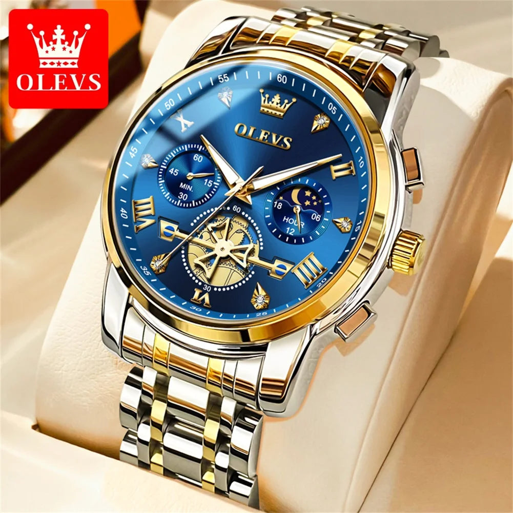Relojes de cuarzo OLEVS 2856 para hombre, diseño de volante de moda, cronógrafo, resistente al agua, luminoso, calendario, fase lunar, relojes de pulsera para hombre