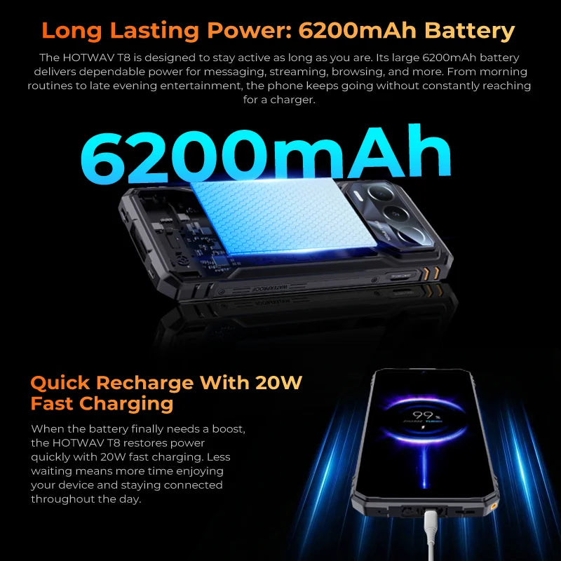 Smartphone HOTWAV T8 6.75'' 120Hz IP68 & IP69K con luz de acampada, cámara trasera de 20MP, NFC, procesador Octa-core, batería de 6200mAh, carga rápida de 20W, 4GB de RAM, 64GB de ROM, IA y Android 16