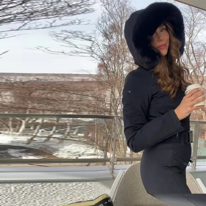 Traje de esquí informal con capucha y cintura ceñida, mono grueso y cálido a prueba de viento de manga larga para mujer, mono de nieve de Boutique a la moda