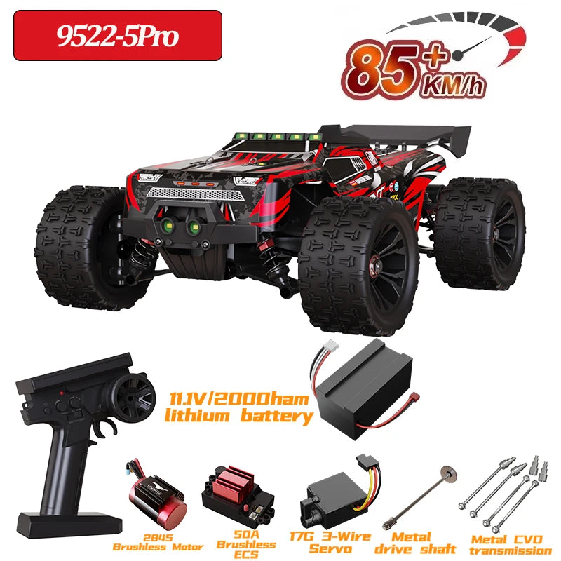 Coche RC 85 km/h rojo y negro con neumáticos todoterreno; incluye control y piezas