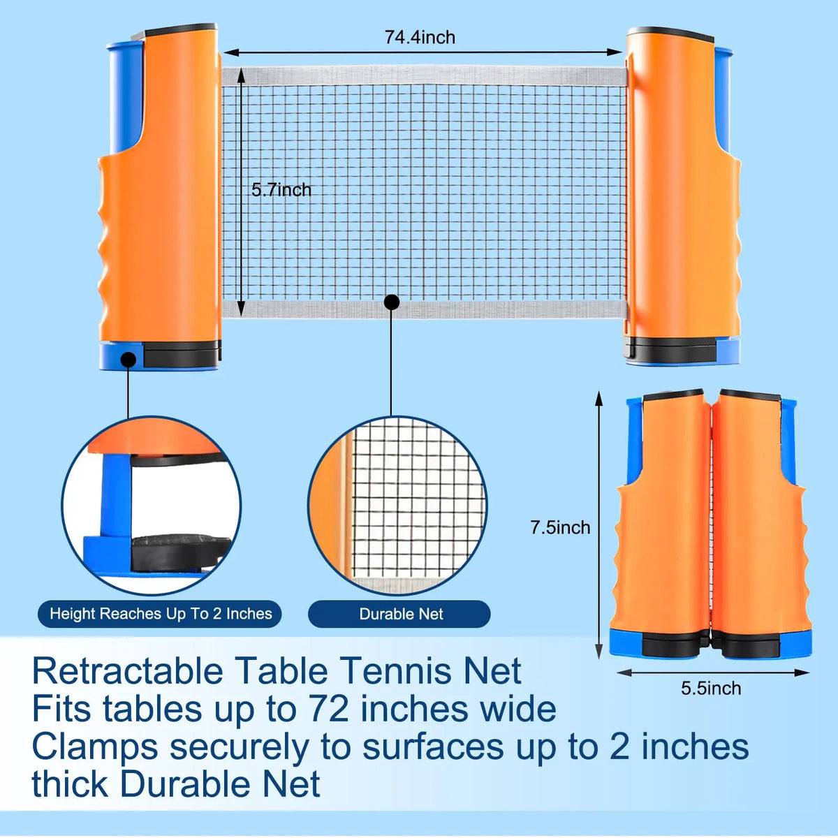 Red de tenis de mesa retráctil de 72 "con abrazaderas, estante de red de Ping Pong portátil para cualquier mesa, postes de estante de red de tenis de mesa de repuesto