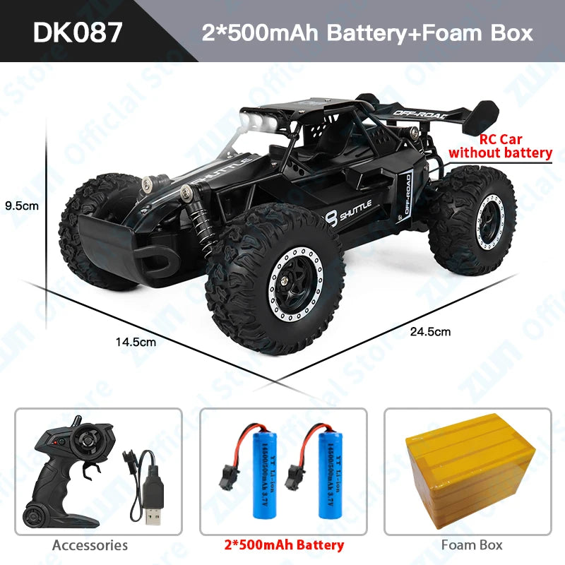 Coche RC todoterreno negro con luces LED delanteras y gran tracción