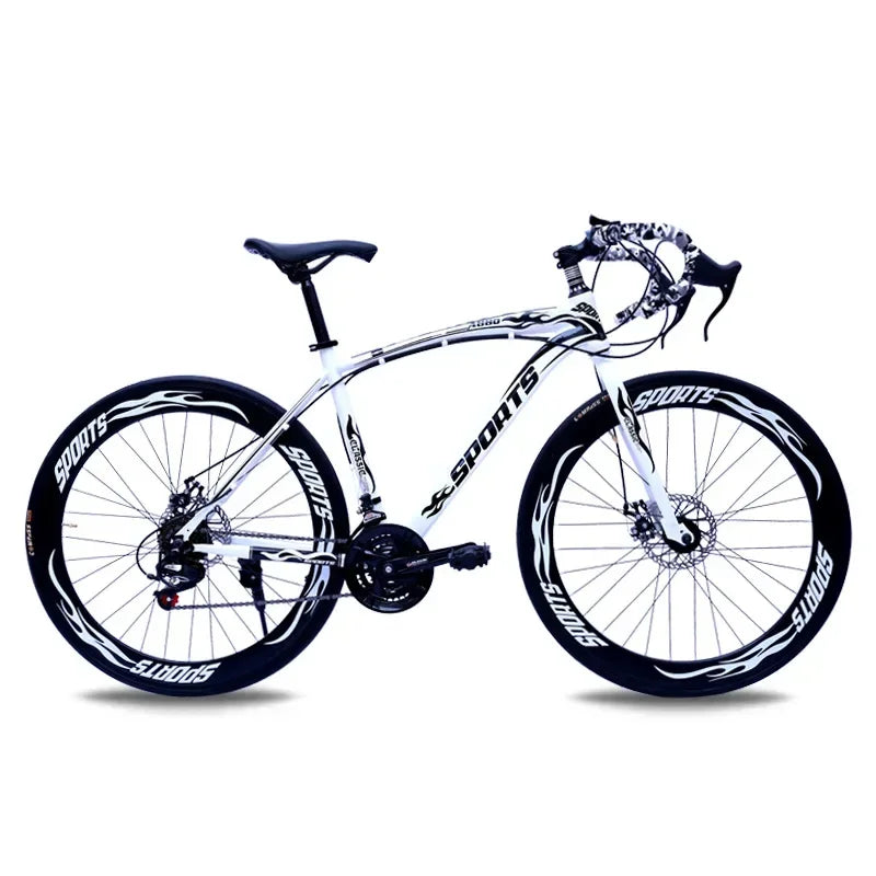 Bicicleta de carreras de 26 pulgadas con cuadro de acero al carbono, 21 velocidades, manubrio curvo, doble freno de disco y rines de 60 mm para adultos