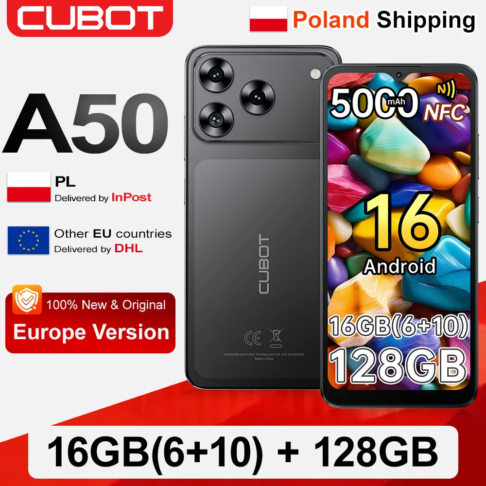 [Envío desde Polonia] Smartphone Cubot A50 Android 16 16GB(6+10) RAM+128GB ROM, 6,58 pulgadas FHD+ 1080*2408, 60Hz, Doble Nano SIM, Batería 5000mAh, 48MP+16MP, NFC, Reconocimiento facial