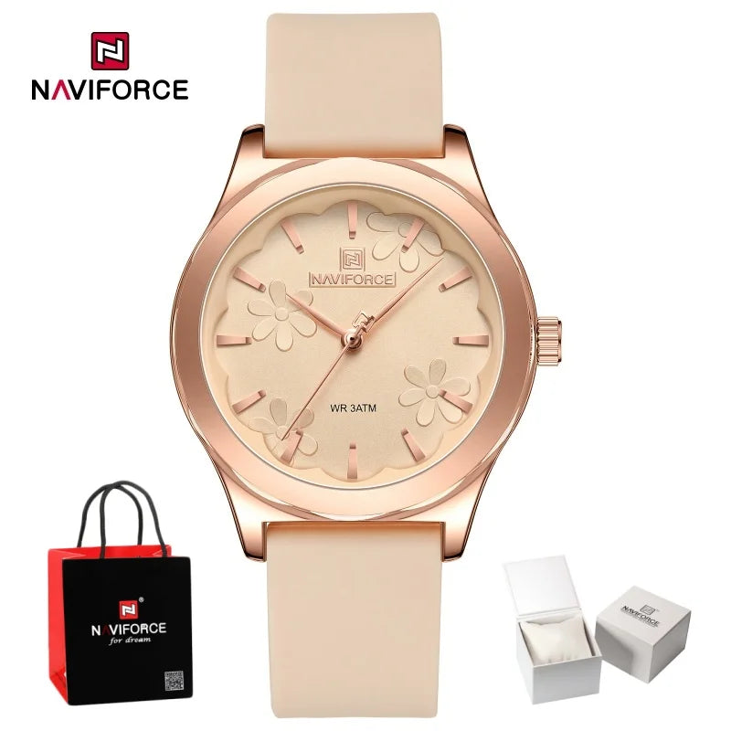Relojes de moda sencillos para mujer NAVIFORCE, reloj de cuarzo resistente al agua con correa de silicona suave, diseño exquisito y único, caja de regalo.