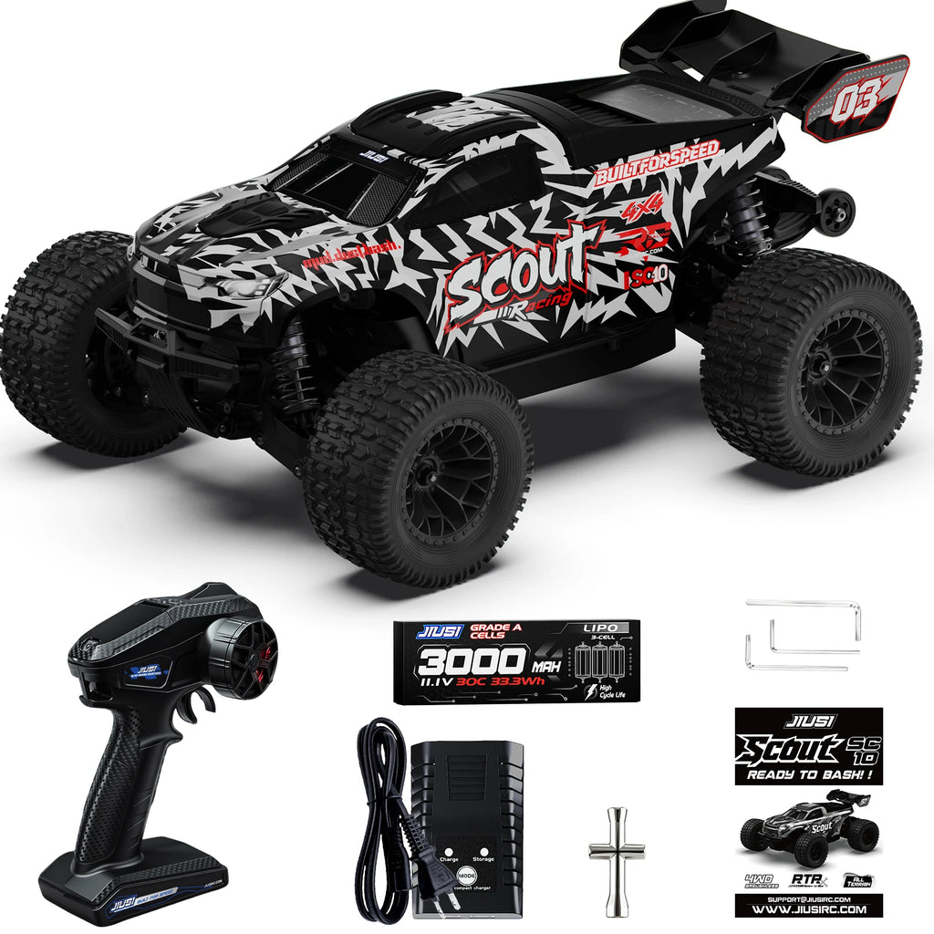 2026 NUEVO SC10 1:10 4WD RTR Coche RC JIUSI FPV Monster Truck de Bashing Servo de 15KG 50+mph Coche RC Todoterreno sin Escobillas con Giroscopio ESC HOBBYWING 60A 2.4G 5CH Alcance de 350m Camión RC de Alta Velocidad Batería