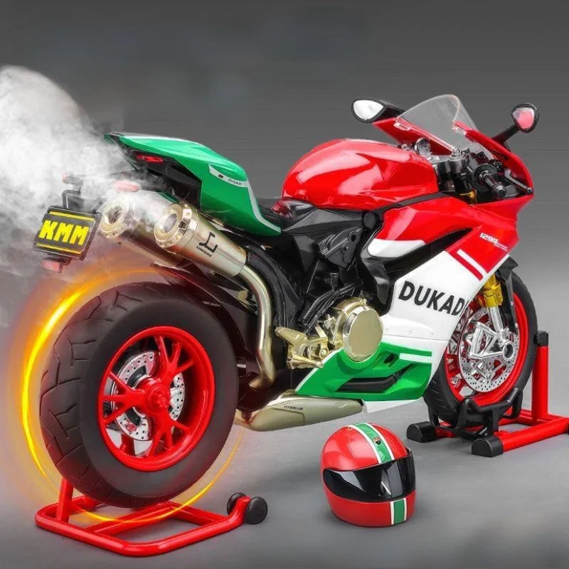 Key Start 1:9 1199 Panigale, modelo de motocicleta deportiva de aleación, motocicleta de carreras de fundición a presión con sonido de pulverización y luz, juguetes para niños