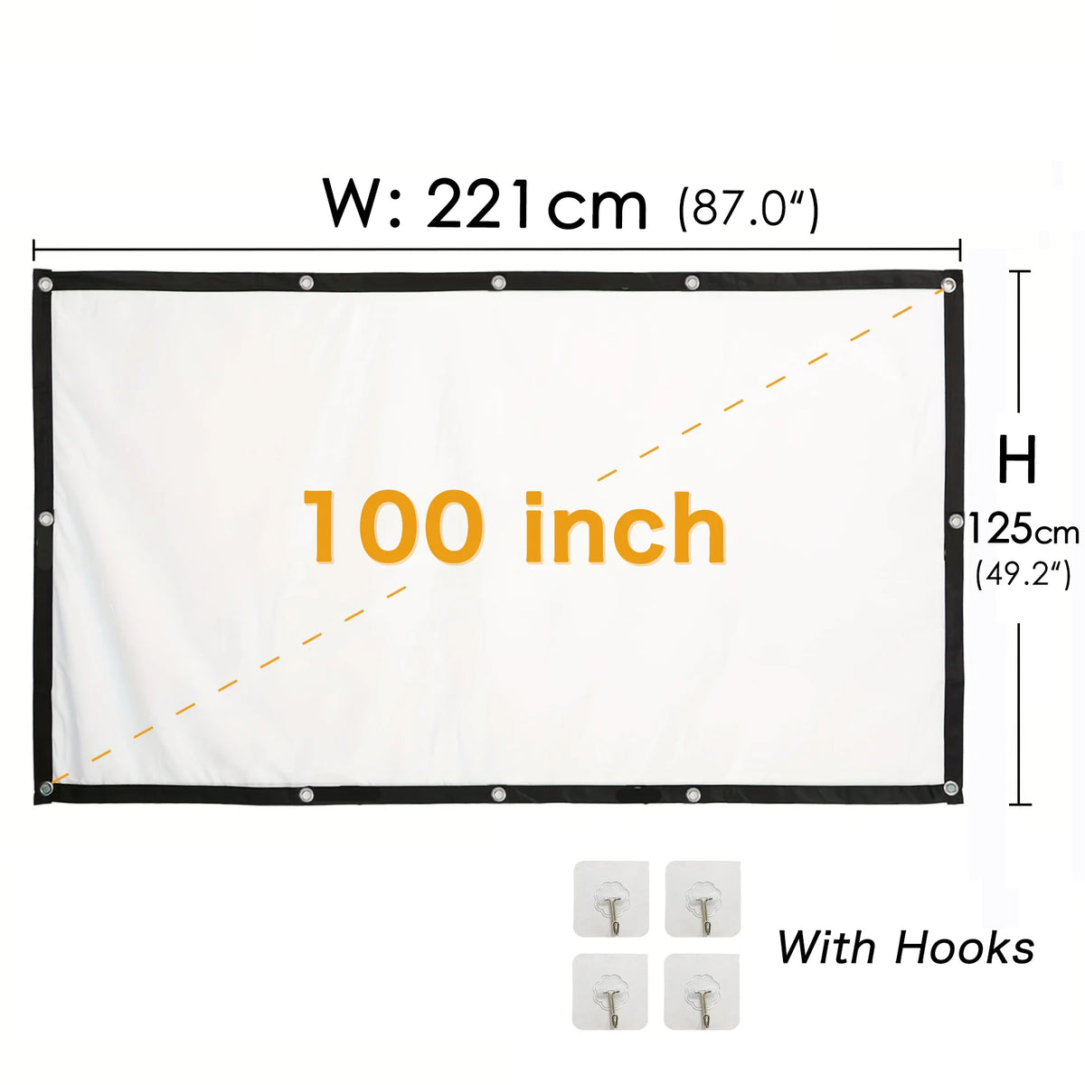 Pantalla de proyector 100 pulgadas 16:9 con ganchos, 221×125 cm