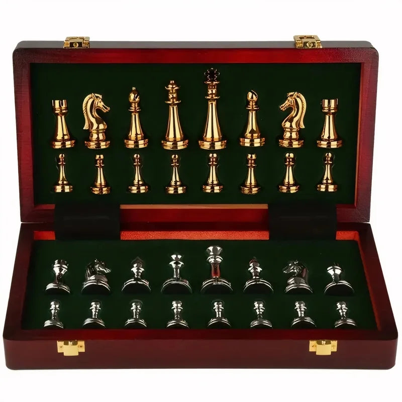 Juego de damas de madera de lujo de 30 cm, plegable y portátil, con piezas de aleación de zinc pesadas, ideal para diversos regalos navideños