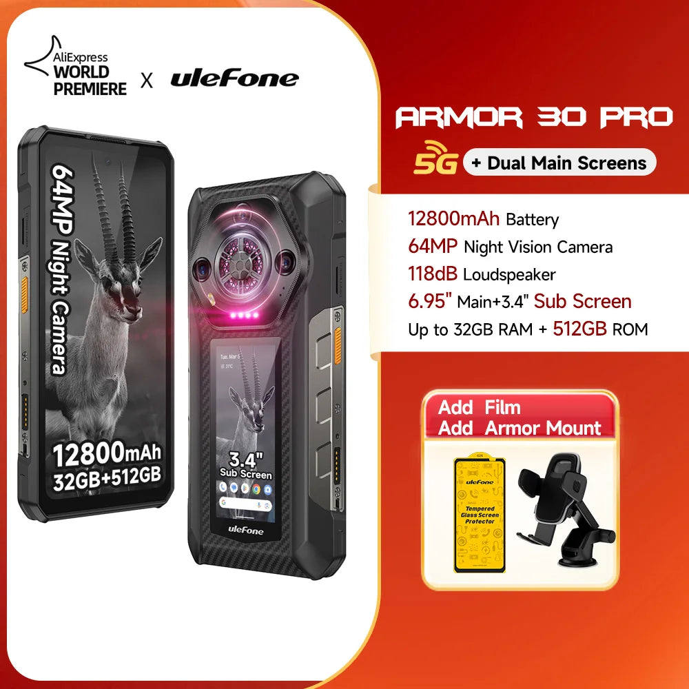 Ulefone Armor 30 Pro 5G Smartphone robusto Android 14 32GB+512GB 12800mAh Cámara nocturna 64MP NFC Altavoz potente