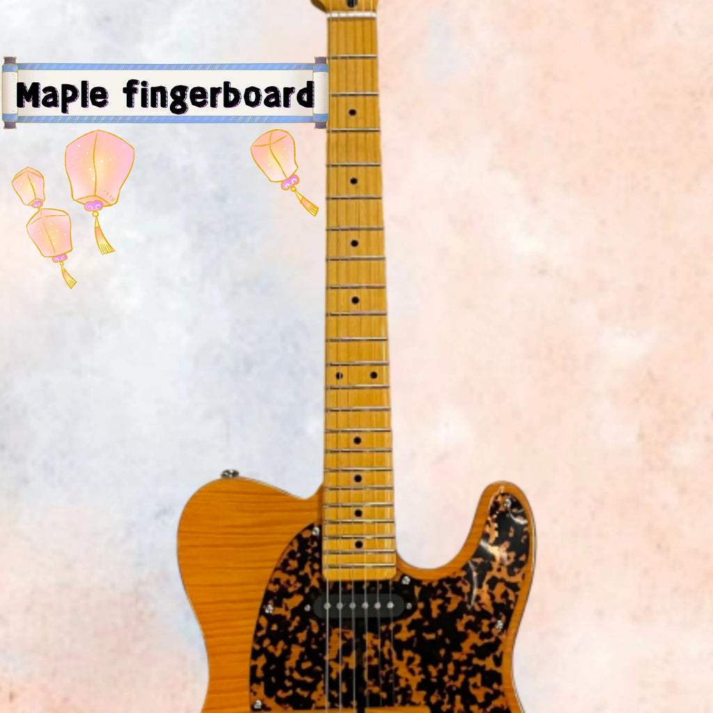 Guitarra eléctrica de cuerpo macizo en color ámbar, con pastillas de acero inoxidable, diapasón de arce y herrajes plateados. Guitarra con un encanto retro, ideal para tocar y coleccionar.