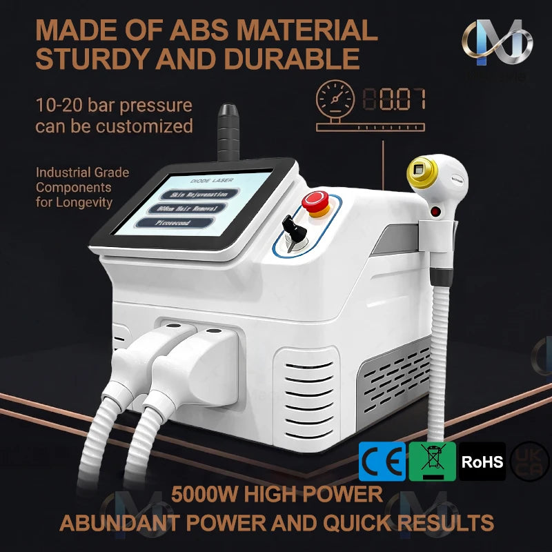 Máquina Láser de Picosegundos 2 en 1 de 808nm, Depilación Láser Diodo Indolora con Enfriamiento, Eliminación de Tatuajes con Láser de Picosegundos de 4 Longitudes de Onda