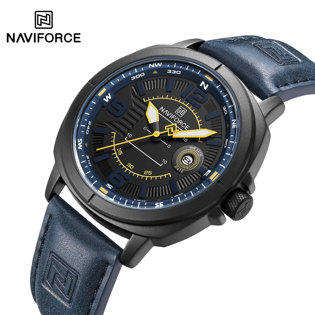 NAVIFORCE 8078 Men's Quartz Watch Luminous Calendar Casual Sports Wristwatch Waterproof with Soft Leather Strap for Daily Wear