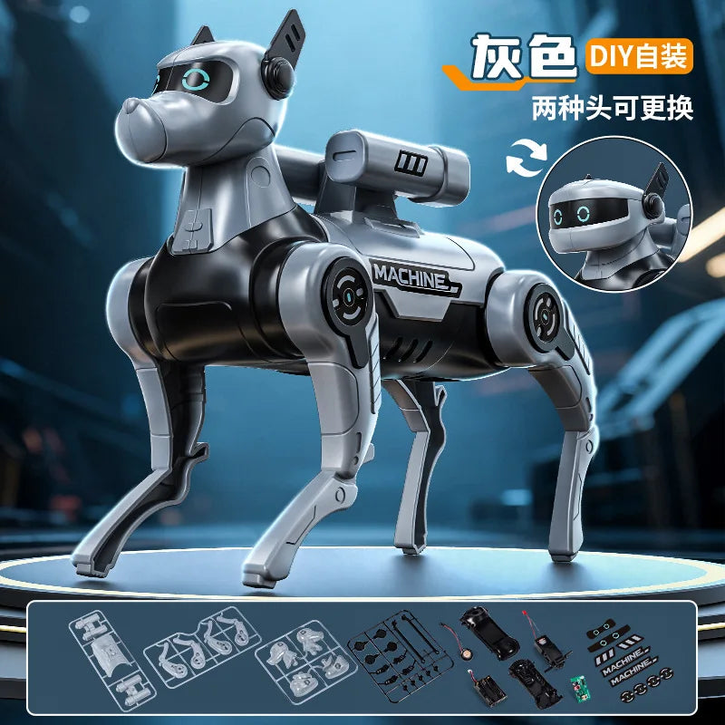 Perro robot plateado con panel de piezas desmontables y piezas negras
