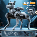 Perro robot plateado con panel de piezas desmontables y piezas negras