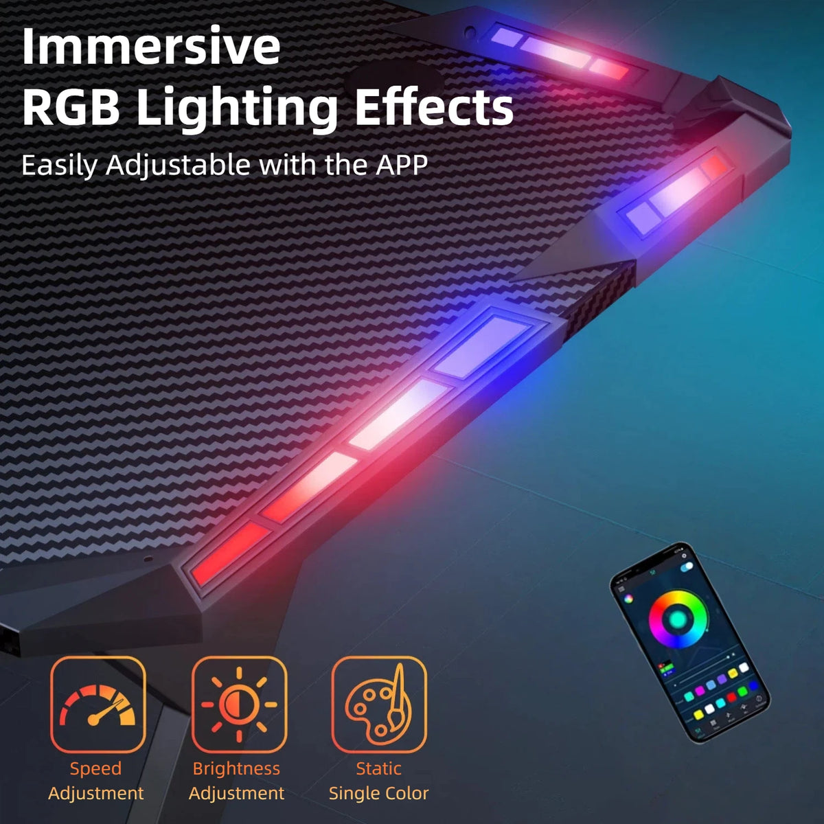 Superficie tipo fibra de carbono con tira RGB iluminada y control remoto de colores