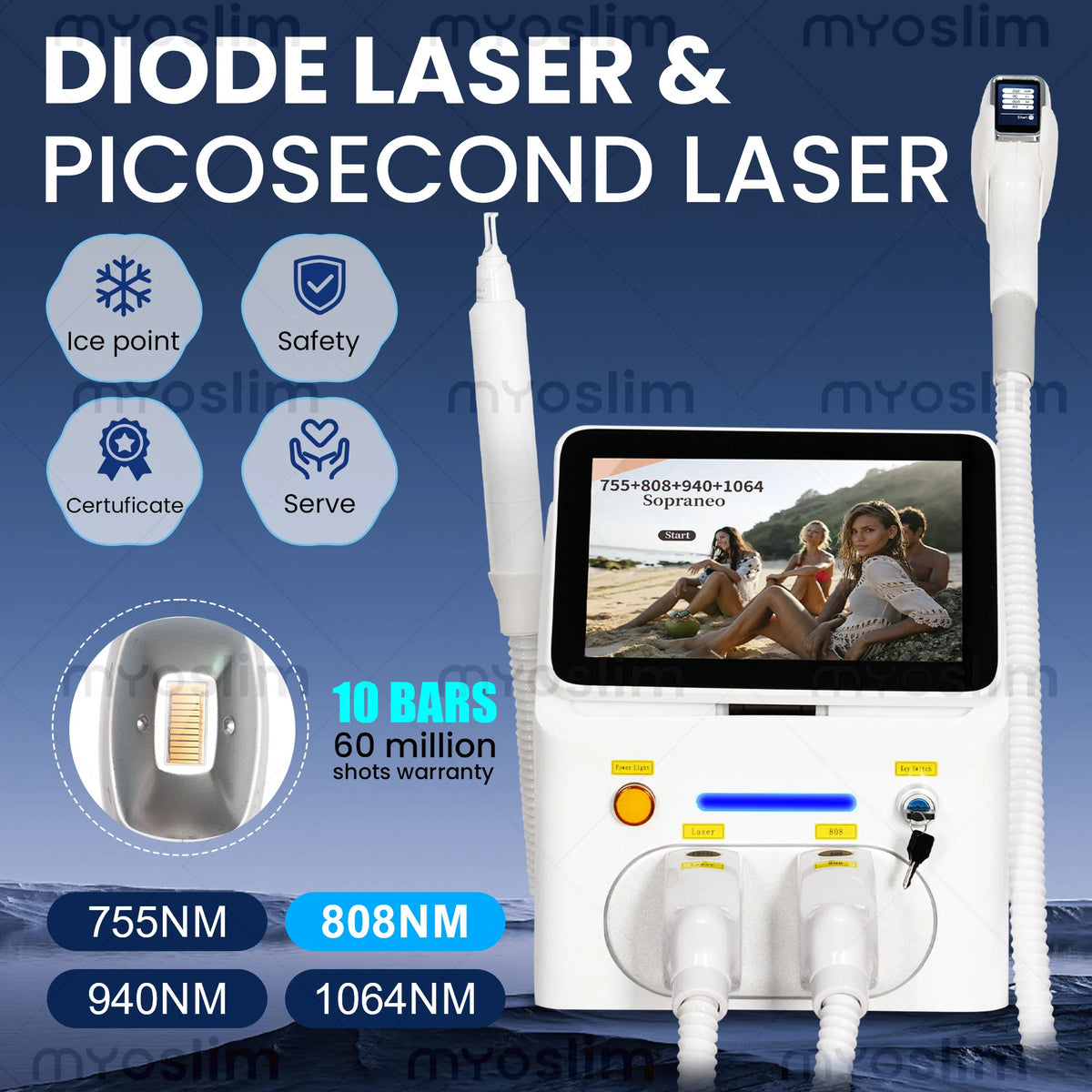 Dispositivo láser de diodo picosegundo FAC 6000W Soprano 2 en 1 de 4 longitudes de onda 755 808 940 1064nm para la reducción permanente del vello y la eliminación de tatuajes