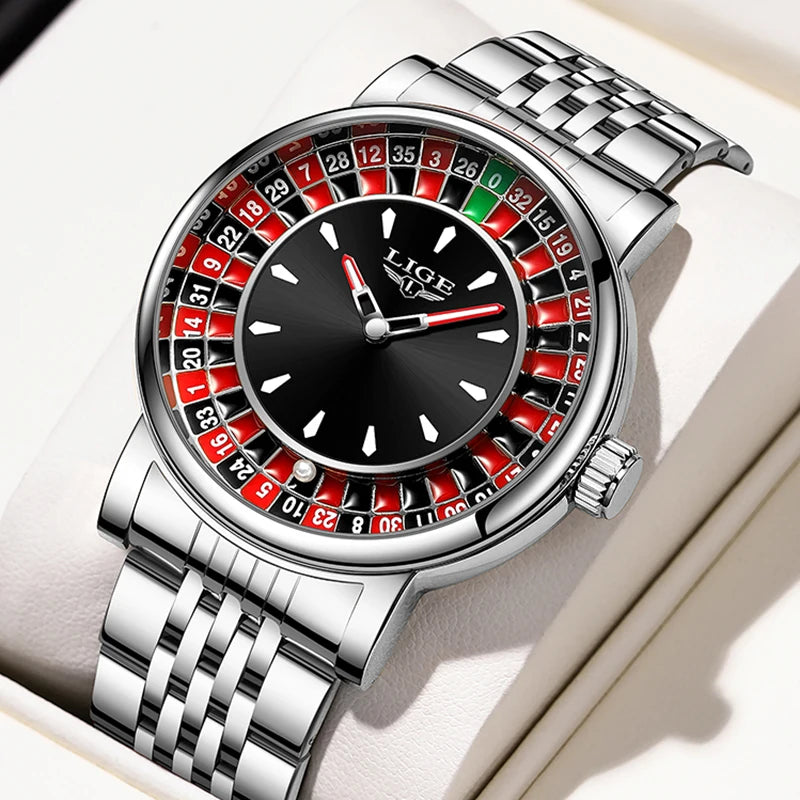 LIGE Casino Roulette Dial Men Watch Retro Brown Leather Strap Waterproof Quartz Watches for Men Business Casual Wrist Gift Watch