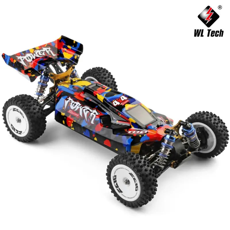 Coche RC 1:12 4WD multicolor visto en diagonal, con amortiguadores delanteros