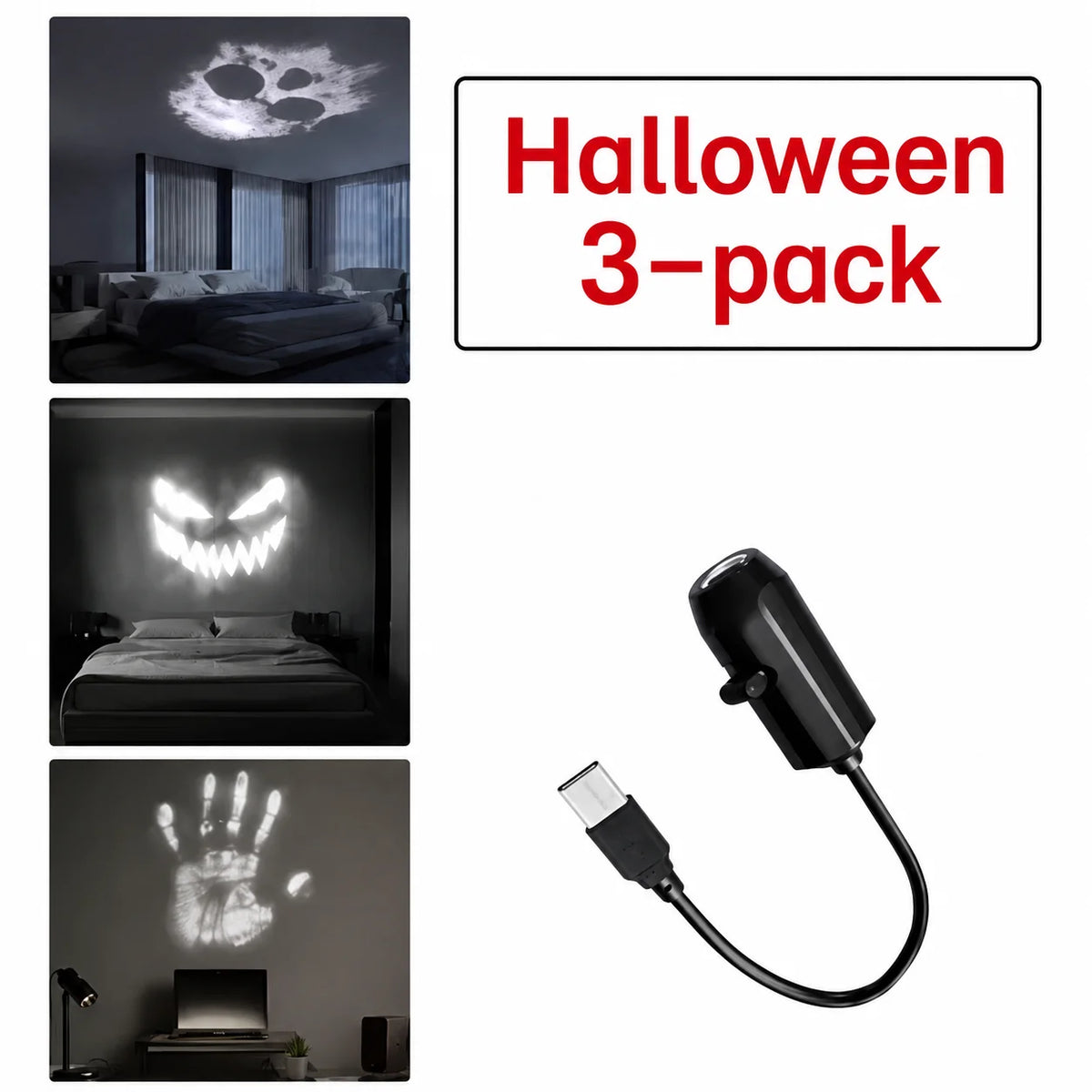 Lámpara de proyección USB de Halloween con 3 o 6 diapositivas de patrones, luz LED de fantasma, murciélago, calavera y araña para decoración de fiestas, dormitorios y festividades