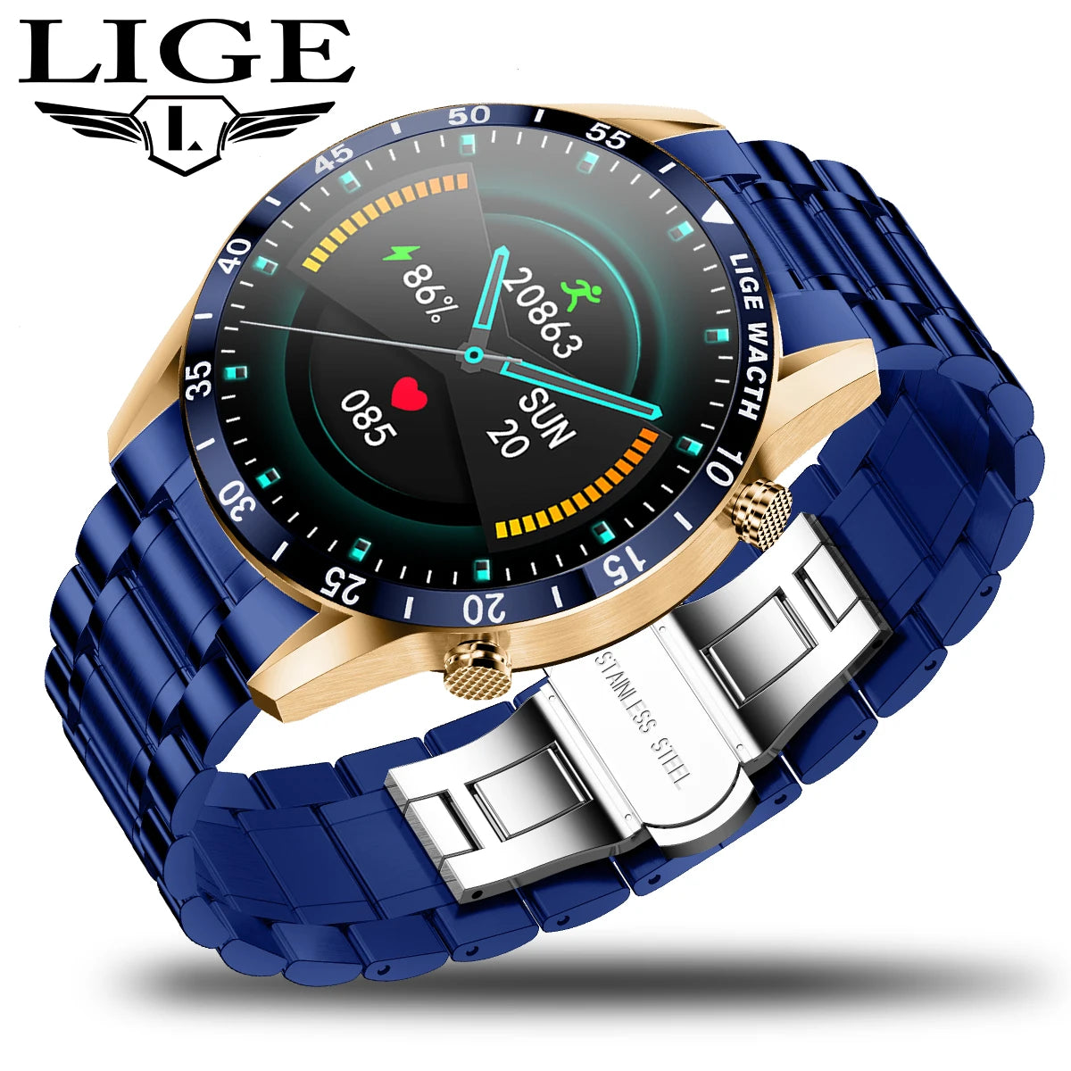 Reloj inteligente LIGE de lujo para hombre, con pantalla táctil completa, llamadas Bluetooth, correa de acero, resistente al agua y deportivo, compatible con Android e iOS