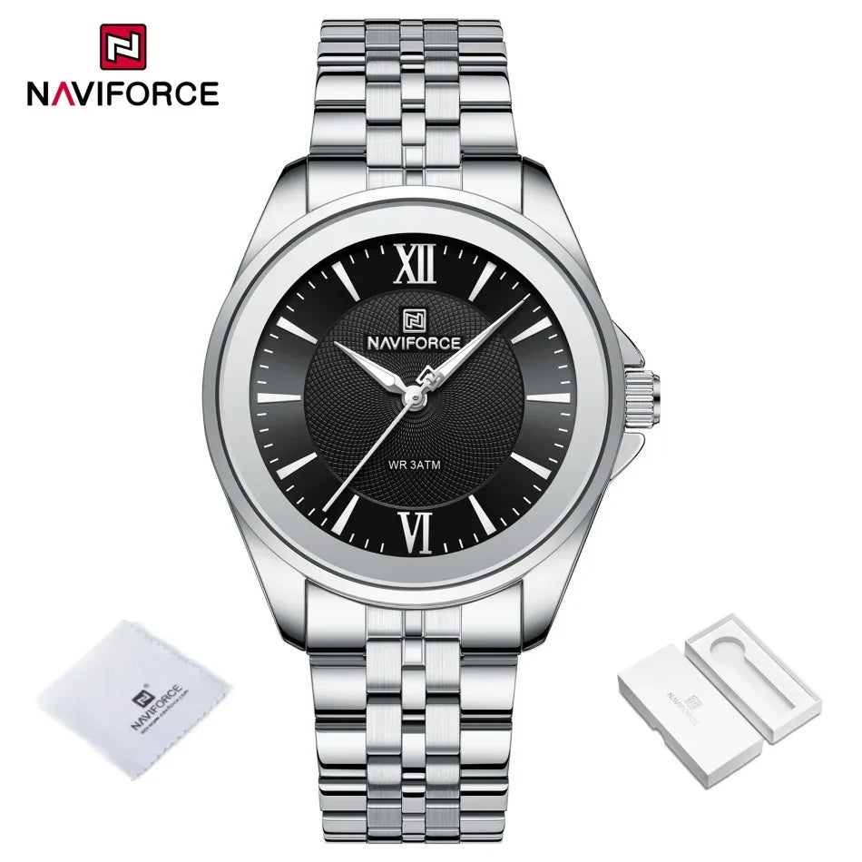 Reloj NAVIFORCE para mujer, creativo, con correa de acero inoxidable, a la moda, elegante, de cuarzo, resistente al agua 30m, reloj de pulsera femenino