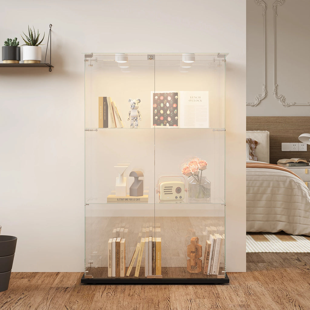Glass Display Cabinet with LED Lighting, Standing Glass Display Cabinet with 3 Glass Shelves and 2 Glass Doors, Lockable, Display Cabinet for Living Room, Office, Collectibles, Books, Wine, White