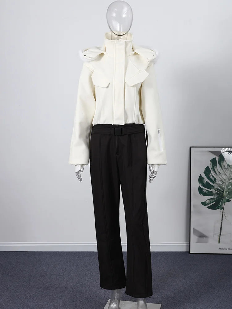Traje de esquí casual con capucha y cuello de piel para mujer, abrigo con cinturón y cremallera, pantalón recto, monos, ropa de invierno 2025, ropa exterior sólida para damas.
