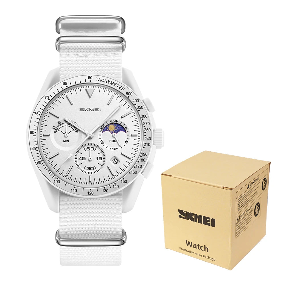 Reloj de cuarzo para hombre SKMEI 9392, resistente al agua 30M, reloj juvenil de moda para hombre, subesferas con diseño de sol y luna, correa de nailon, temporizador de cuenta regresiva