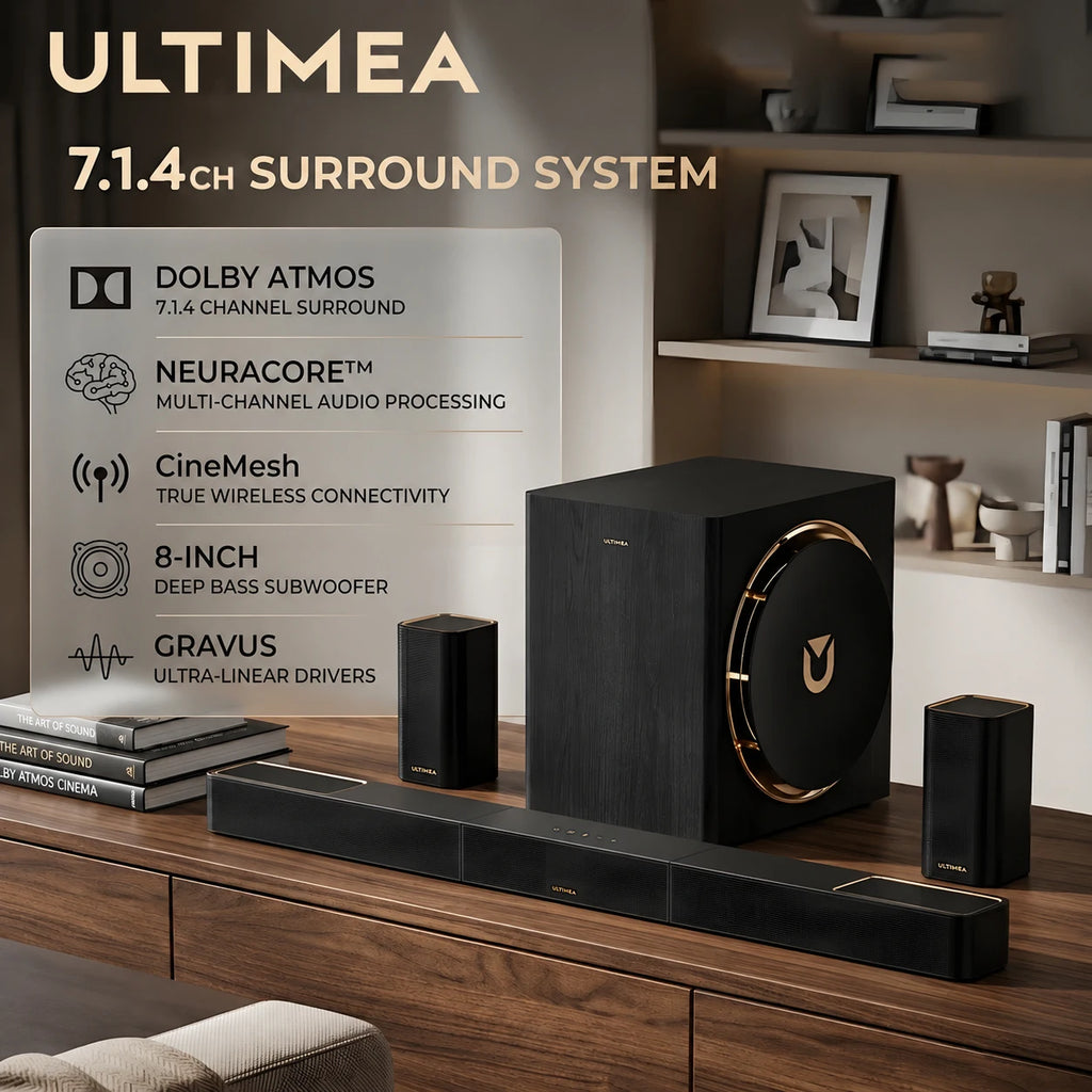 ULTIMEA Skywave X60 Barre de Son TV 7.1.4 Canaux de 840 W avec Dolby Atmos, Système de Son Surround avec Caisson de Basses Sans Fil de 8" et 2 Enceintes Surround Sans Fil, HDMI eARC, Contrôle via Application