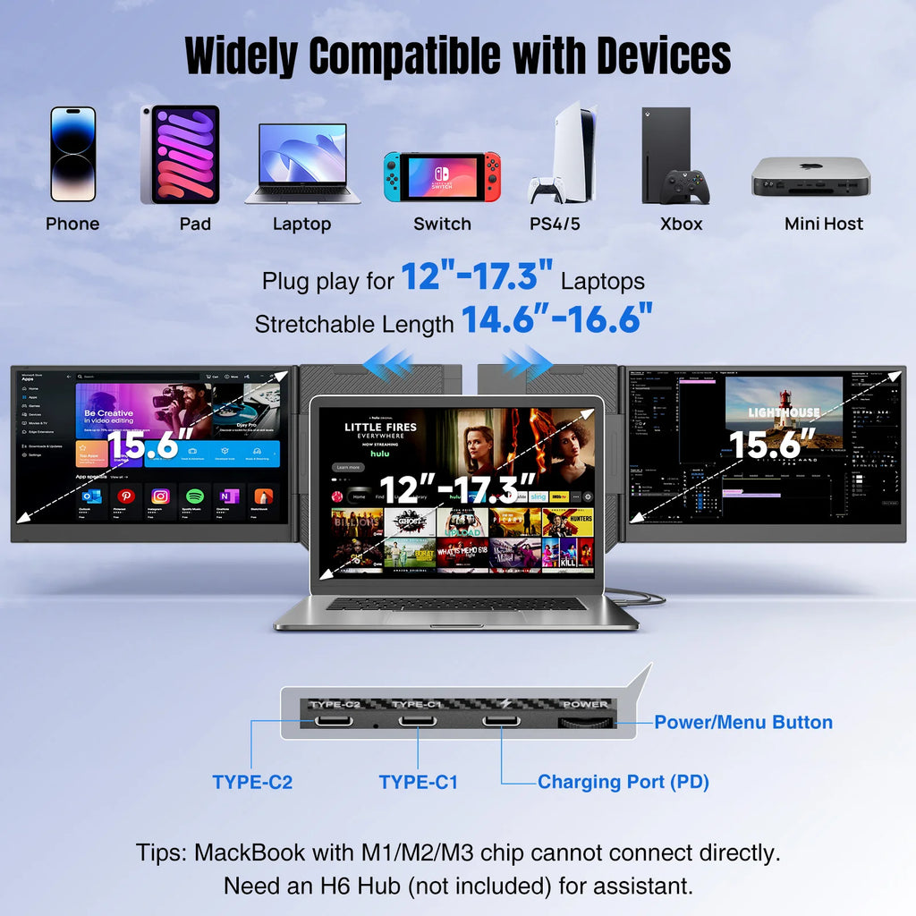 KEFEYA Extensor de Pantalla Triple para Portátil de 15.6 Pulgadas FHD 1080P, 178 °   Monitor portátil de aleación de aluminio con pantalla de gran tamaño, 60 Hz, baja emisión de luz azul, 180. °   Rotación, Plug & Pla