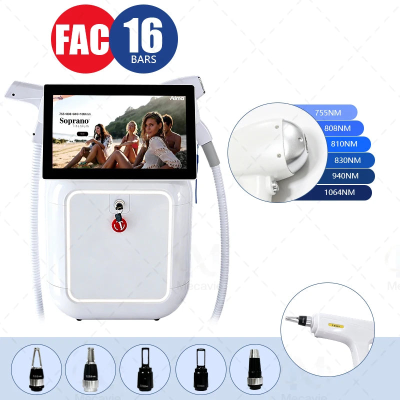 Máquina de depilación y eliminación de tatuajes con láser de diodo de picosegundos de 808 nm, 2 en 1, con 4 longitudes de onda ajustables: 755/808/940/1064 nm.