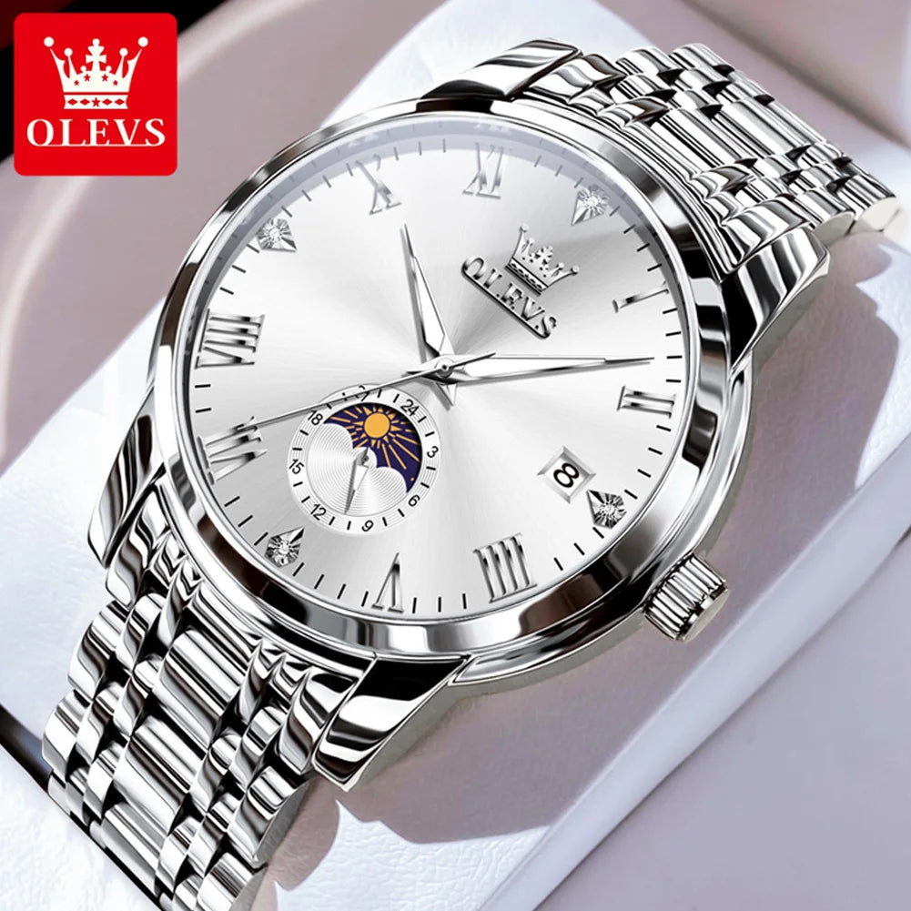 Reloj de hombre OLEVS 3656 de marca, reloj de cuarzo original a la moda para hombre, reloj de pulsera luminoso de acero inoxidable resistente al agua con fase lunar