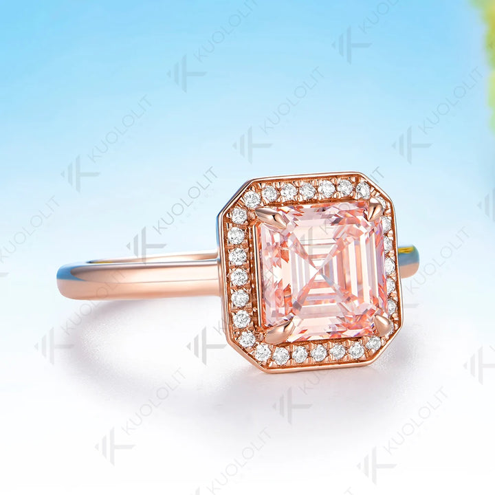 Anillo de Diamantes de Laboratorio Rosa Fantasía IGI de 2.5CT Kuololit para Mujer, Anillo de Eternidad Asscher de Oro Amarillo Sólido de 14K para Compromiso y Navidad