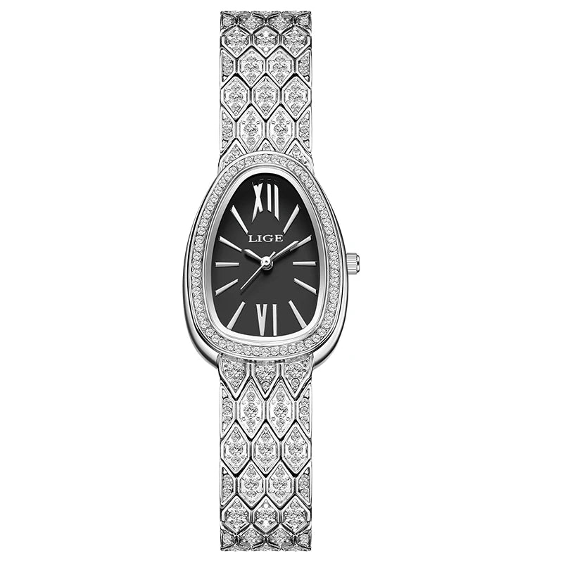 Relojes para mujer LIGE, reloj de pulsera de lujo a la moda, con esfera ovalada incrustada de diamantes y números romanos, reloj de cuarzo para mujer