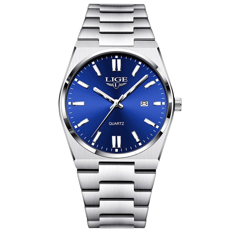 Reloj de cuarzo original LIGE para hombre, deportivo, de acero, a la moda, resistente al agua, con fecha y manecillas luminosas + caja