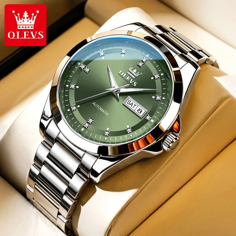 Relojes mecánicos de lujo OLEVS para hombre, reloj de pulsera automático con calendario doble, resistente al agua, luminoso, de acero inoxidable 7136