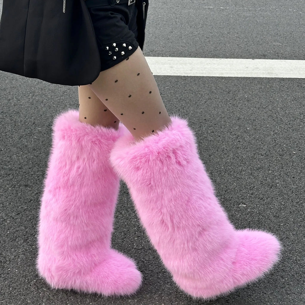 Botas Altas de Piel Sintética Rosa Intenso para Mujer, Cálidas y a la Moda para Invierno, Estilo Urbano
