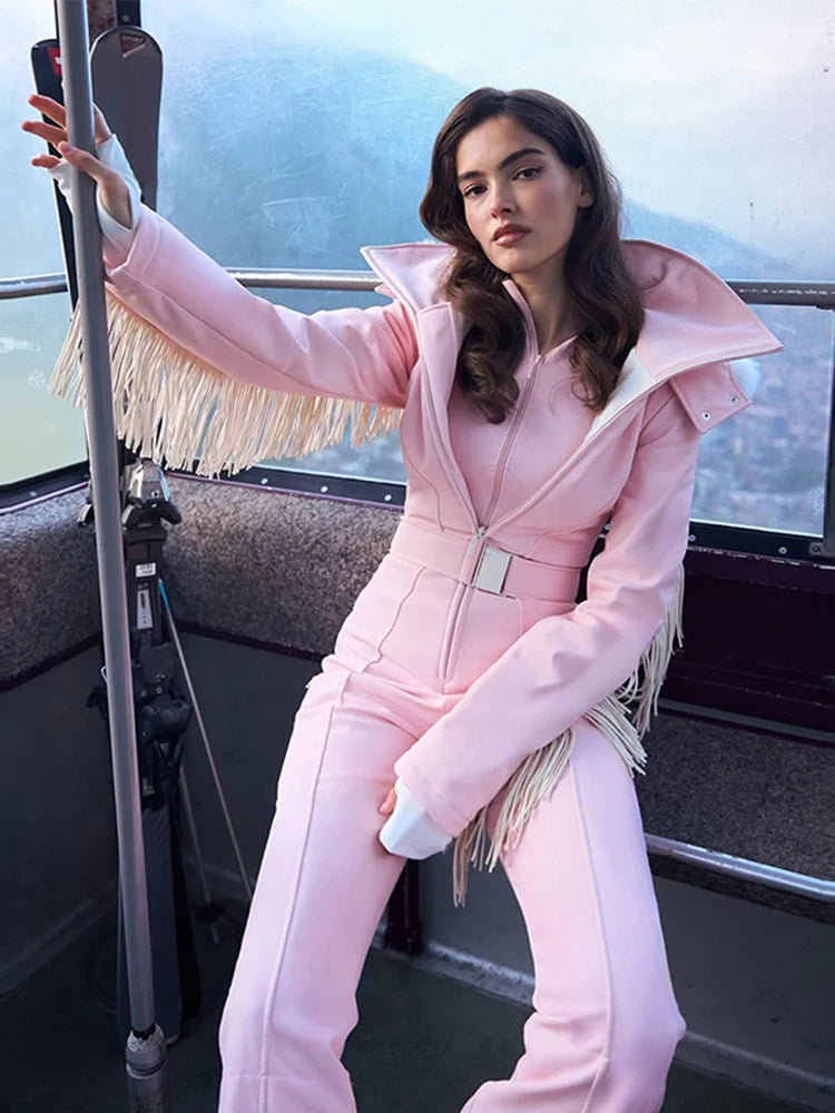 Traje de esquí informal con borlas lisas para mujer, cremalleras de piel con capucha, monos ajustados de cintura alta para mujer, moda de invierno 2025, ropa de esquí cálida para mujer