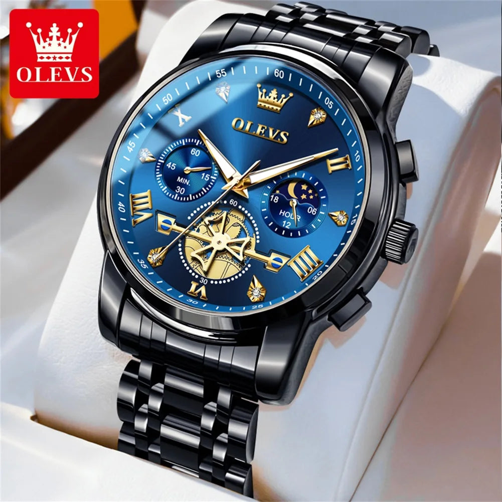 Relojes de cuarzo OLEVS 2856 para hombre, diseño de volante de moda, cronógrafo, resistente al agua, luminoso, calendario, fase lunar, relojes de pulsera para hombre