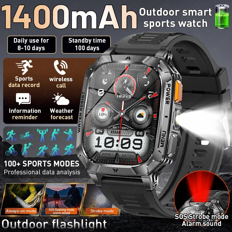 LIGE Outdoor Military Smart Watch Men 1400mAh Big Battery LED Flashlight SOS Alarm Bluetooth Call 100+Sports Modes Waterproof Smartwatch For Android IOS