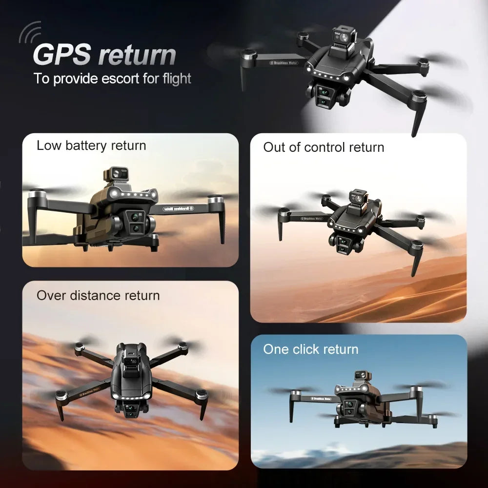 Dron plegable negro con 4 hélices y cámara frontal, ilustración de retorno GPS