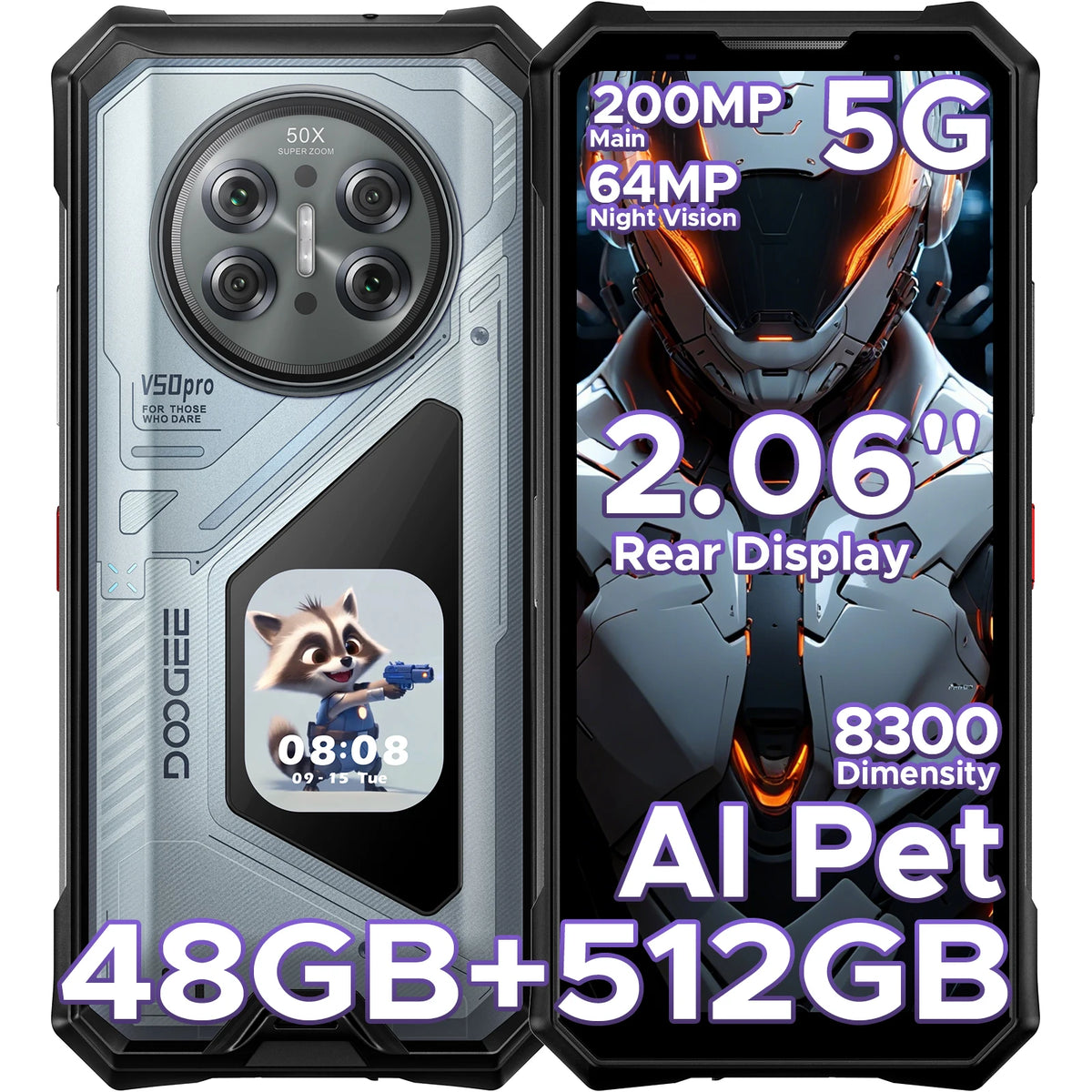 DOOGEE V50 Pro 5G AI Rugged Phone 6.78" Dimensity 8300 52GB RAM(16+36) 1TB ROM with 2.06" AMOLED Multi-function Rear Display 200MP Camera 64MP Night Vision Camera Android 16 Supports Walkie Talkie