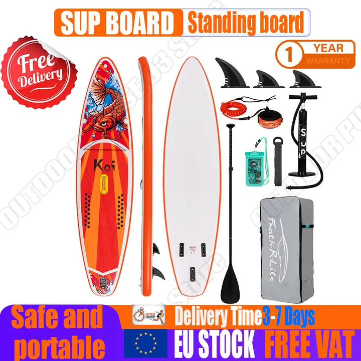 Tabla de Paddle Surf Inflable FeathRLite SUP 350x83x15cm SUPFR01E Diseño Koi Dragon con Remo, Bomba, Mochila, 3 Aletas, Correa, Bolsa Impermeable, Cubierta Antideslizante de EVA para Adultos, Principiantes, Yoga, Pesca, Play