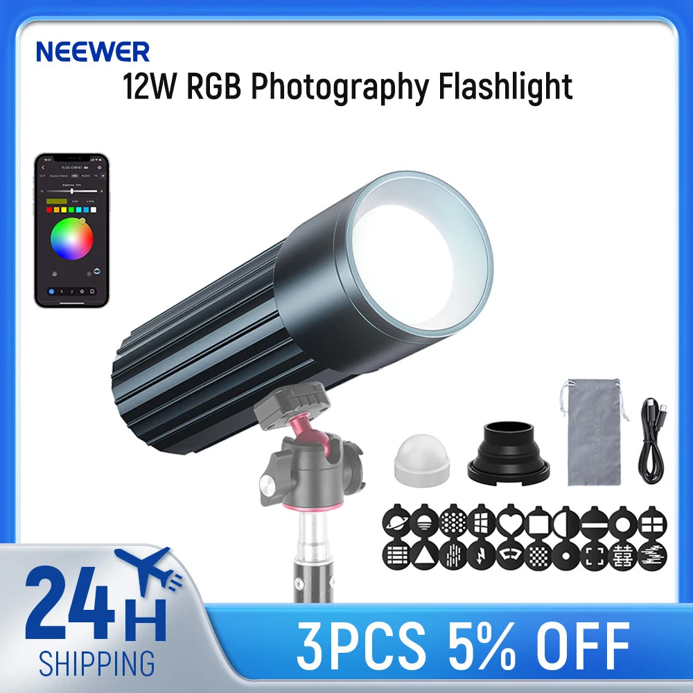 Linterna de Fotografía RGB NEEWER de 12W, 4 Colores/20 Filtros GOBO/CRI95+/500mAh, Iluminación LED Portátil de 12W para Video