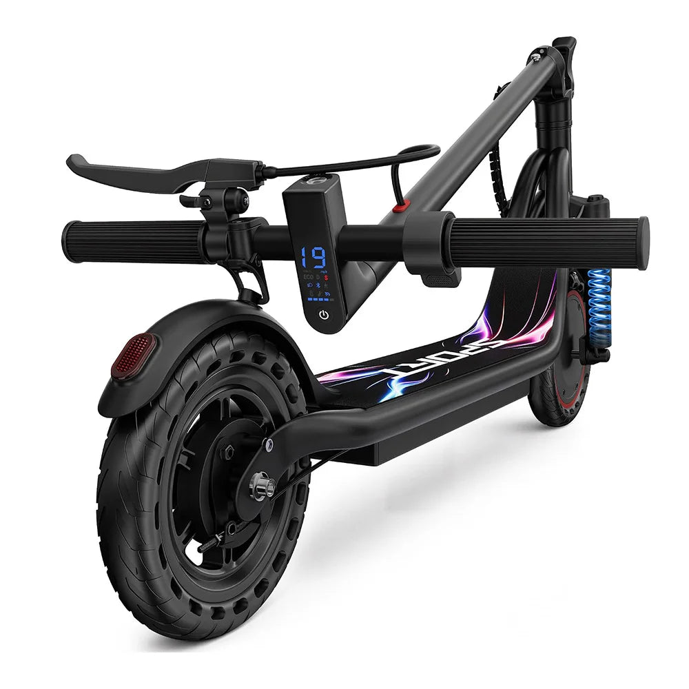 Patinete eléctrico negro con luces LED y llantas de 8,5 pulgadas; suspensión delantera