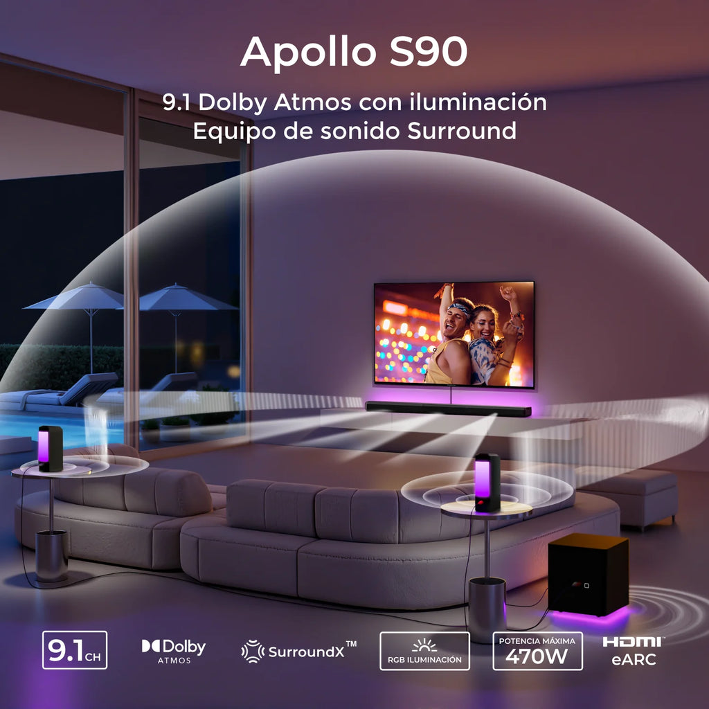 ULTIMEA Apollo S90 Barra de Sonido Desmontable 9.1ch Dolby Atmos, Sistema de Cine en Casa Premium para TV con Subwoofer Inalámbrico, Luz Ambiental RGB, Sonido Envolvente Inmersivo