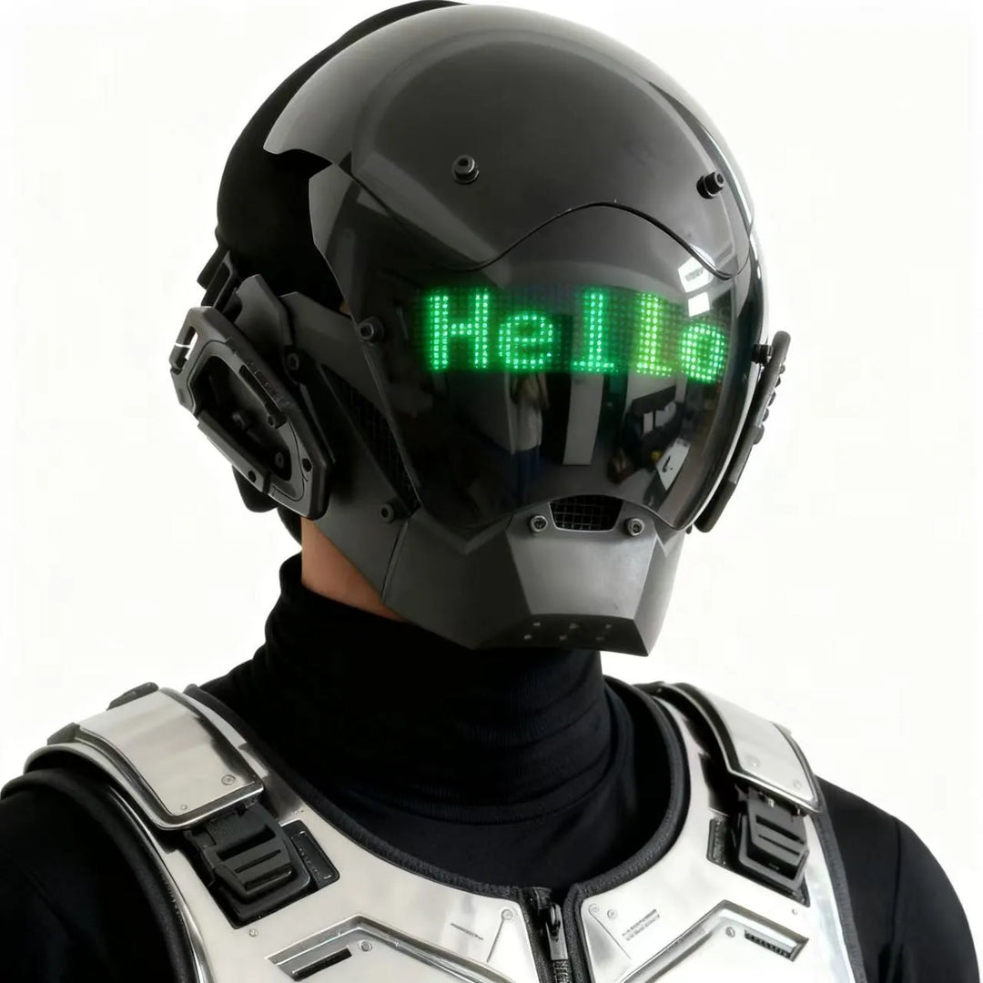 Máscara de casco LED de estilo cyberpunk con pantalla integrada, controlable mediante aplicación, diseño tecnológico de cobertura total para Halloween, fiestas de disfraces, festivales de música.